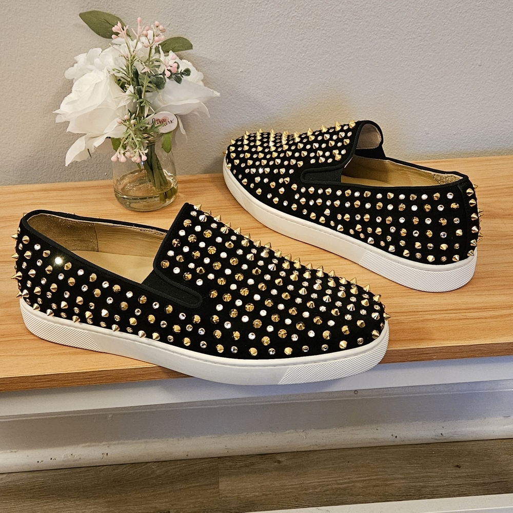 Men's Christian Louboutin Black Suede Spike-Studded Luxury Loafers Size 10 US - Picture 7 of 16